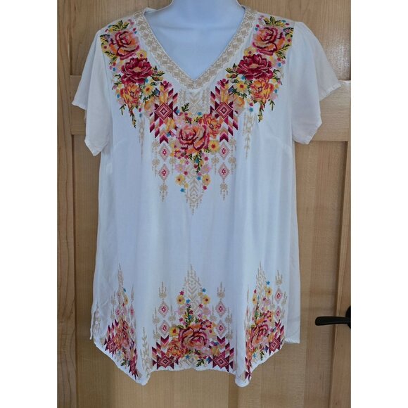Savanna Jane S Floral Embroidered Boho Top With Short Sleeves - Picture 1 of 6